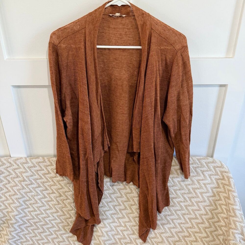 Eileen Fisher 100% Linen Waterfall Drape Front Cardigan Sweater Rust Brown